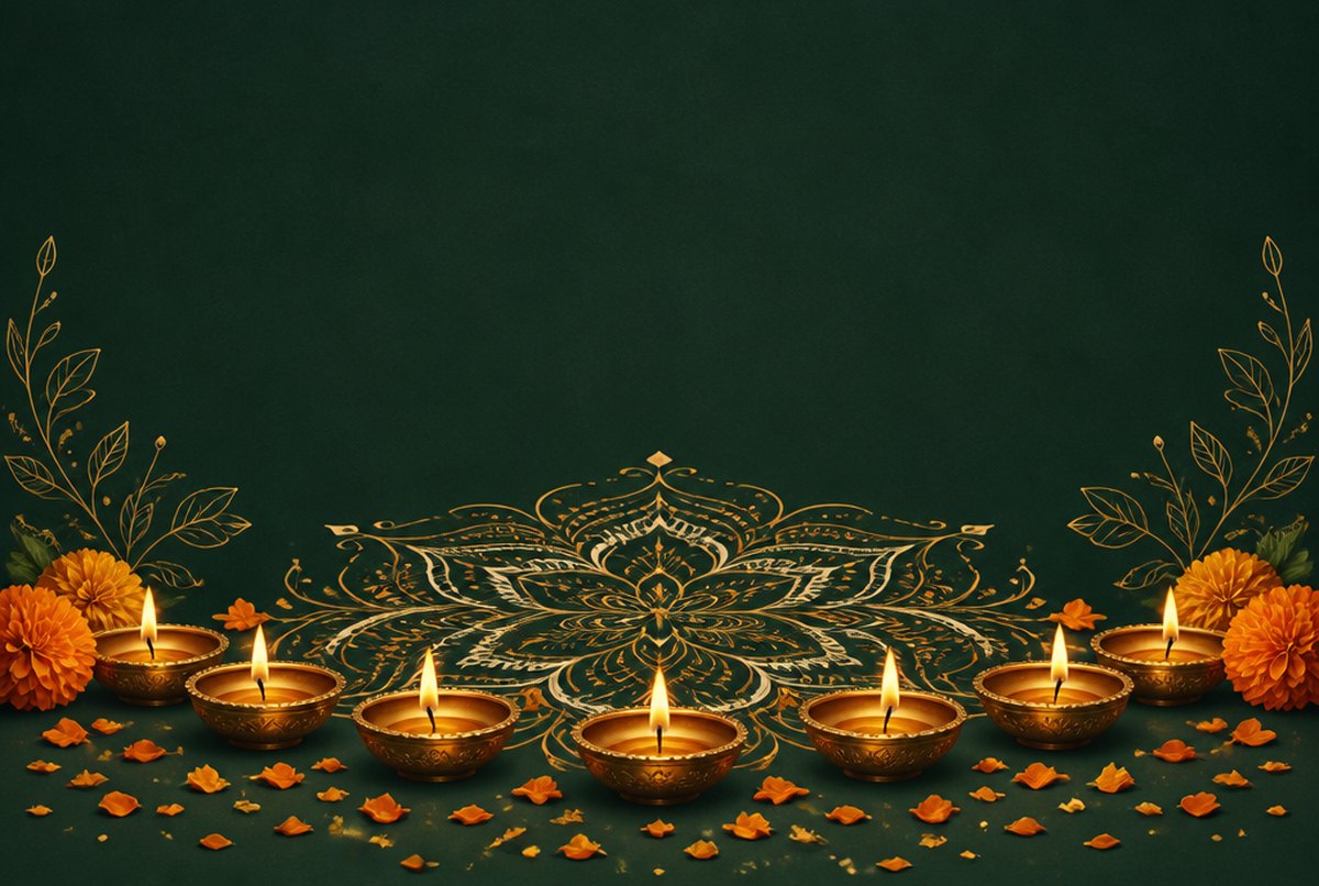 Illustration of a row of brass diya lamps with rangoli and marigold petals