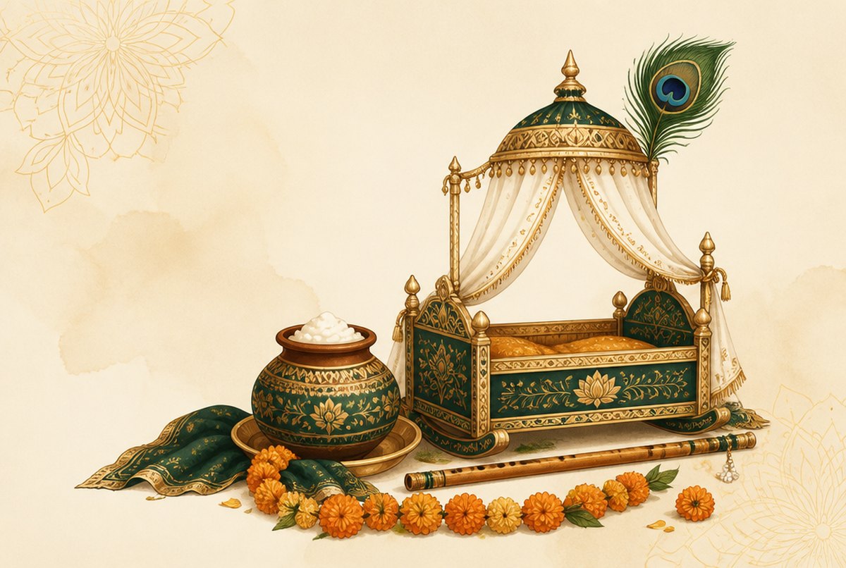 Illustration of a decorated cradle, peacock feather, butter pot and flute