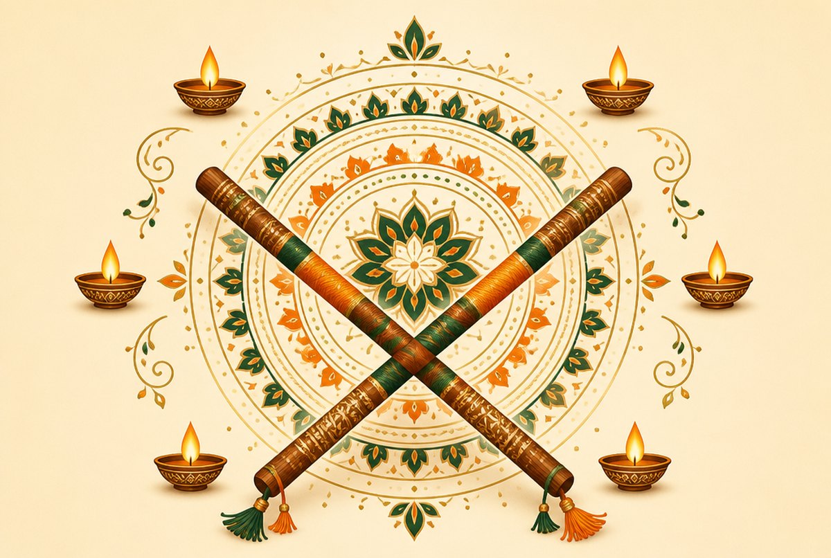 Illustration of dandiya sticks crossed over a circular garba pattern with oil lamps