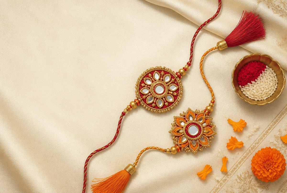 Illustration of rakhi threads with a bowl of kumkum and rice