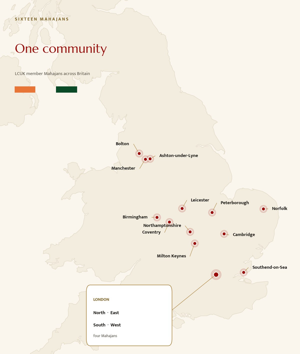Map of the United Kingdom showing the sixteen LCUK member Mahajans, from Bolton and Manchester in the north to Southend-on-Sea and the four London Mahajans in the south