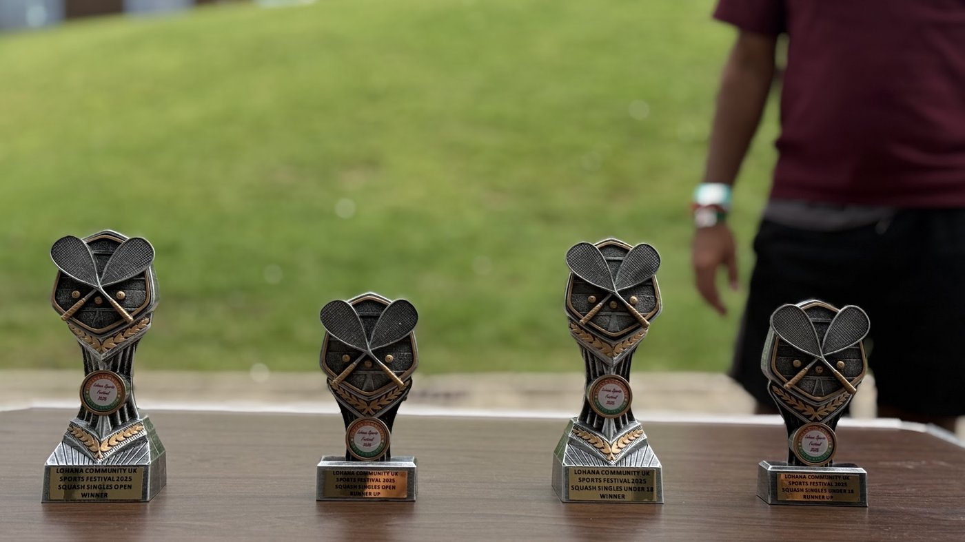 Trophies lined up ready for presentation at the Lohana Sports Festival 2025