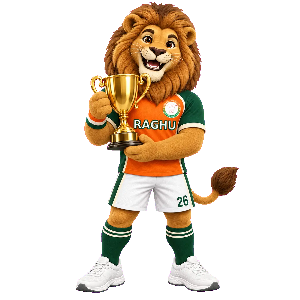 Raghu the lion holding a trophy
