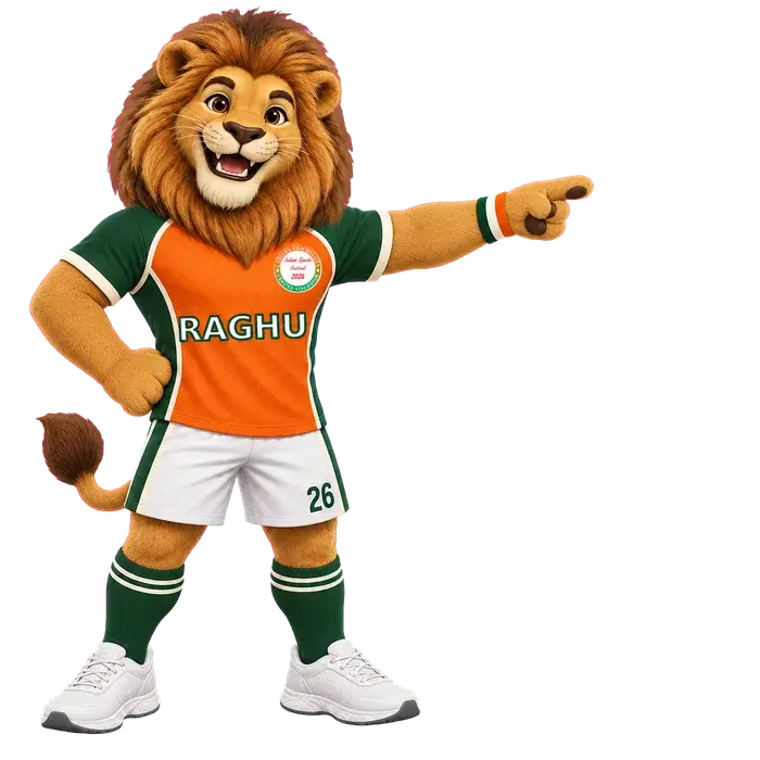 Raghu, the Lohana Sports Festival lion mascot, pointing towards the registration form