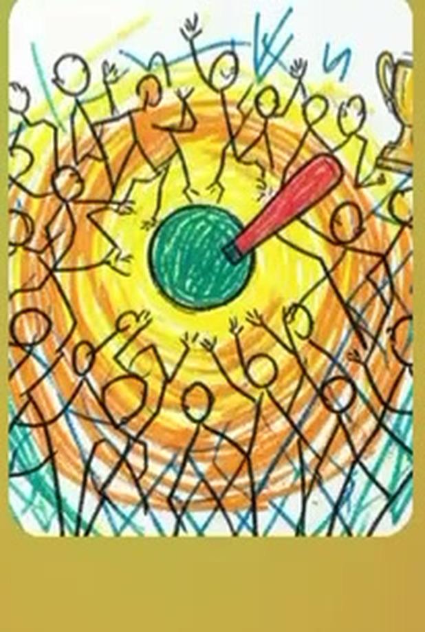 Ek Maidan (Go Raghu Go) cover artwork, a crayon drawing of the community celebrating around a sun