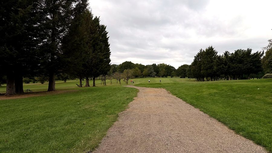 An empty gravel path between trees on the golf course at Stanmore under a cloudy September sky